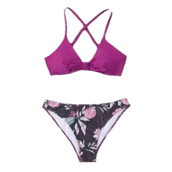 Cupshe Women’s Swimsuit S Purple Floral 2-Piece Bralette V-Neck Hipster Crossbac - Picture 3 of 7